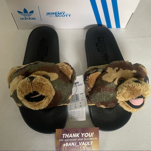 Adidas X Jeremy Scott Camo Teddy Bear Adilette Slides - Picture 3 of 9